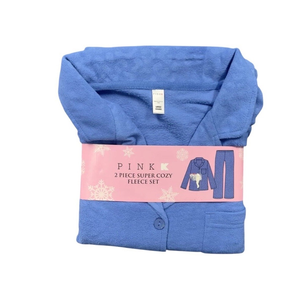 VTG Pink K Pajama Set Women Large Blue Fleece 2‎ piece Super Cozy Sleepwear